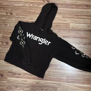 Wrangler Black Hoodie with White Logo and Aztec Sleeve Pattern